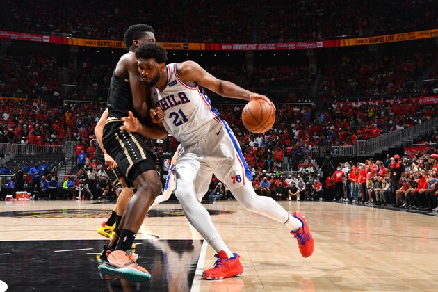ATLANTA, GA - JUNE 14: Joel Embiid #21 of the Philadelphia 76ers drives to the basket against the Atlanta Hawks during Round 2, Game 4 of the Eastern Conference Playoffs on June 14, 2021 at State Farm Arena in Atlanta, Georgia. NOTE TO USER: User expressly acknowledges and agrees that, by downloading and/or using this Photograph, user is consenting to the terms and conditions of the Getty Images License Agreement. Mandatory Copyright Notice: Copyright 2021 NBAE (Photo by Jesse D. Garrabrant/NBAE via Getty Images) ATLANTA, GA - JUNE 14: Joel Embiid #21 of the Philadelphia 76ers drives to the basket against the Atlanta Hawks during Round 2, Game 4 of the Eastern Conference Playoffs on June 14, 2021 at State Farm Arena in Atlanta, Georgia. NOTE TO USER: User expressly acknowledges and agrees that, by downloading and/or using this Photograph, user is consenting to the terms and conditions of the Getty Images License Agreement. Mandatory Copyright Notice: Copyright 2021 NBAE (Photo by Jesse D. Garrabrant/NBAE via Getty Images)