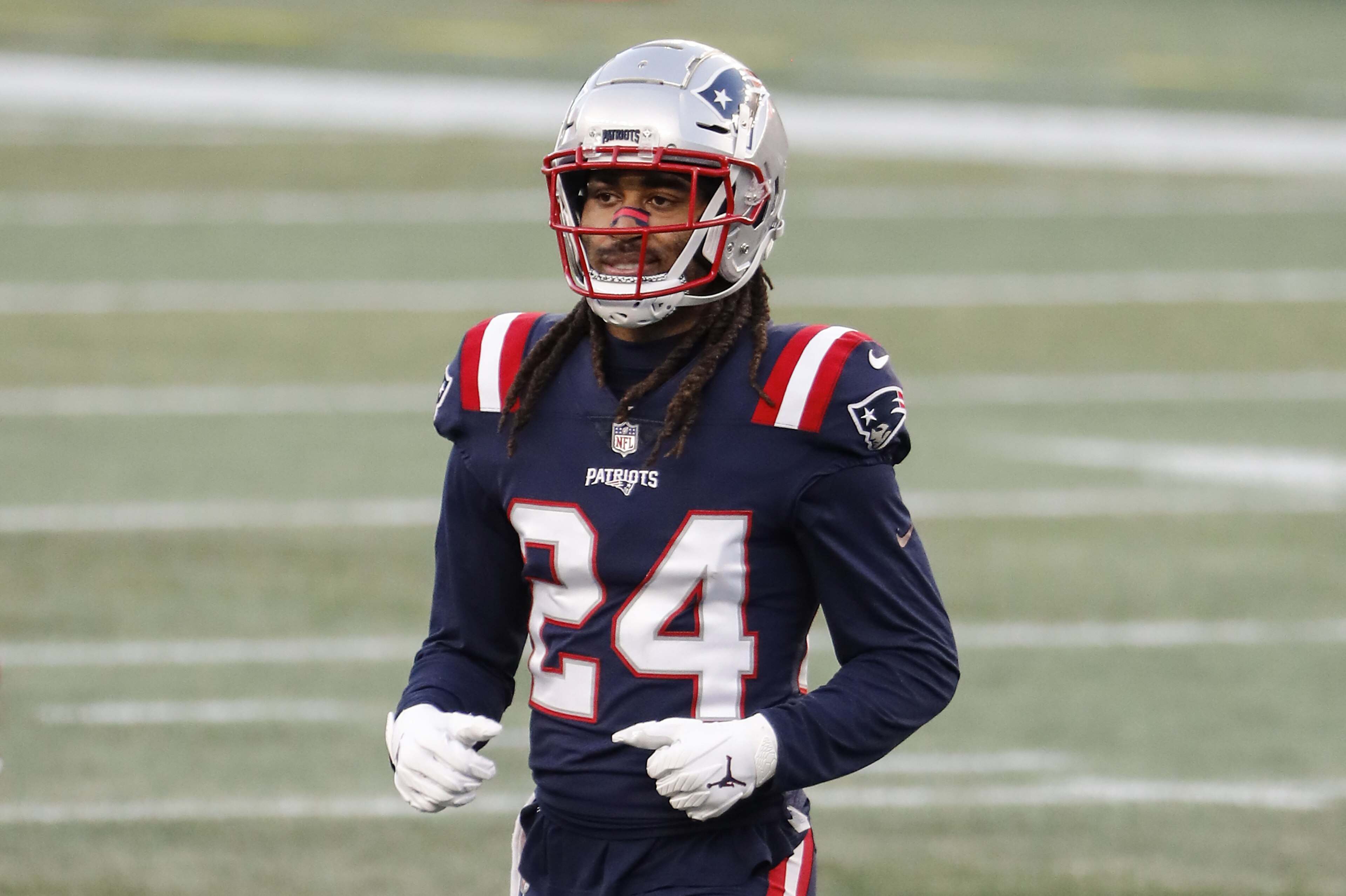 New England Patriots' Stephon Gilmore during an NFL football game against the Arizona Cardinals at Gillette Stadium, Sunday, Nov. 29, 2020 in Foxborough, Mass. (Winslow Townson/AP Images for Panini) New England Patriots' Stephon Gilmore during an NFL football game against the Arizona Cardinals at Gillette Stadium, Sunday, Nov. 29, 2020 in Foxborough, Mass. (Winslow Townson/AP Images for Panini)