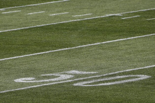 A detail view of the 50-yard line before an NFL football game between the Chicago Bears and Indianapolis Colts, Sunday, Oct. 4, 2020, in Chicago. (AP Photo/Kamil Krzaczynski)
