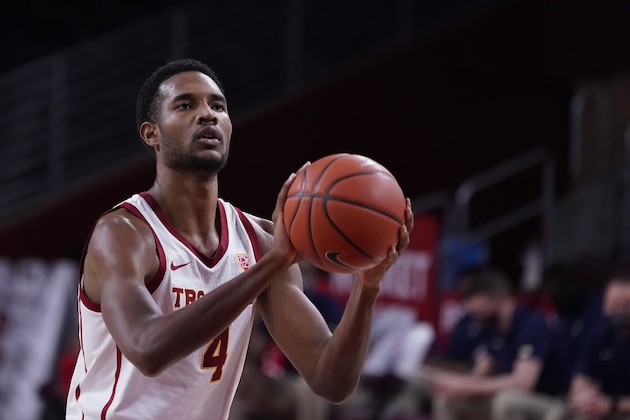 Southern California forward Evan Mobley shoots a free throw during the second half of an NCAA college basketball game against Arizona Saturday, Feb. 20, 2021, in Los Angeles. (AP Photo/Marcio Jose Sanchez)