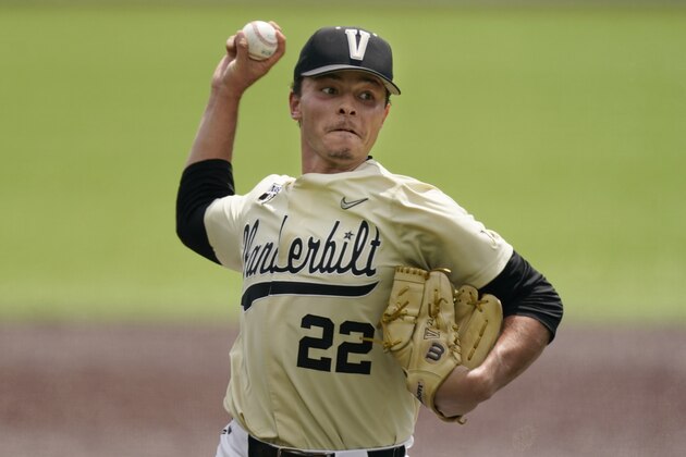 Vanderbilt pitcher Jack Leiter throws against East Carolina during the first inning of an NCAA college baseball super regional game Saturday, June 12, 2021, in Nashville, Tenn. (AP Photo/Mark Humphrey)
