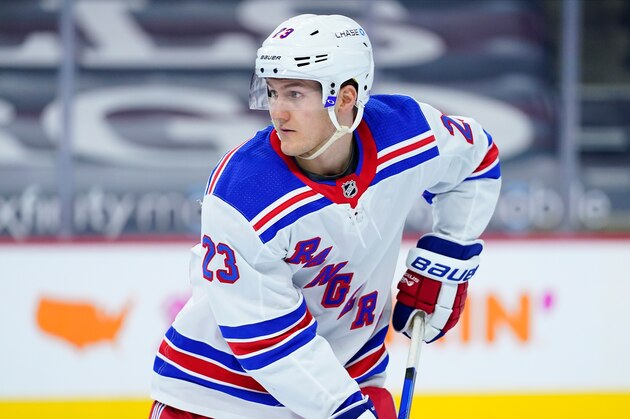 New York Rangers' Adam Fox plays during an NHL hockey game against the Philadelphia Flyers, Thursday, March 25, 2021, in Philadelphia. (AP Photo/Matt Slocum)