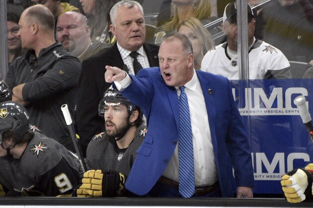 Vegas Golden Knights coach Gerard Gallant questions a call during the first period of the team's NHL hockey game against the Arizona Coyotes on Saturday, Dec. 28, 2019, in Las Vegas. (AP Photo/David Becker)