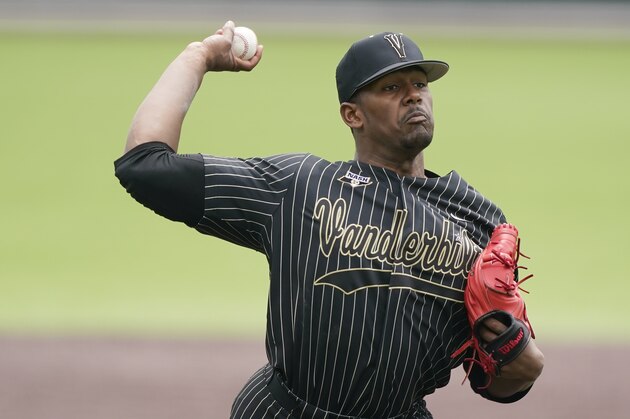 Vanderbilt pitcher Kumar Rocker throws against East Carolina during the first inning of an NCAA college baseball super regional game Friday, June 11, 2021, in Nashville, Tenn. (AP Photo/Mark Humphrey)