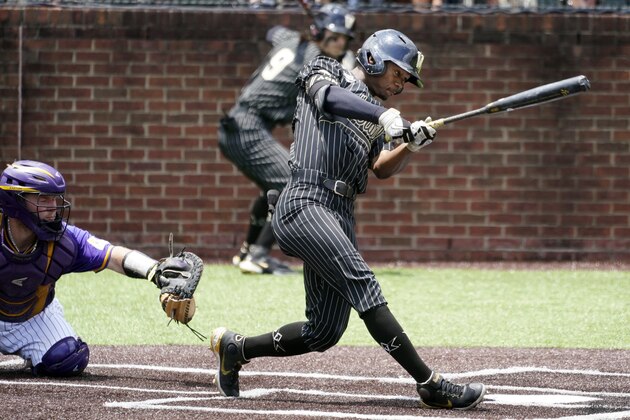 Vanderbilt's Enrique Bradfield Jr. hits an infield single against East Carolina in the eighth inning of an NCAA college baseball super regional game Friday, June 11, 2021, in Nashville, Tenn. Bradfield scored later in the inning. Vanderbilt won 2-0. (AP Photo/Mark Humphrey)