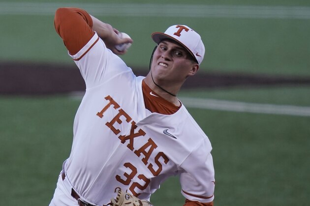 Texas' Ty Madden delivers a pitch against Arizona State in the first inning of Game 4 of the NCAA college baseball regional tournament, Saturday, June 5, 2021, in Austin, Texas. (AP Photo/Eric Gay)