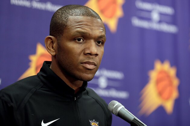 FILE - In this April 24, 2019, file photo, Phoenix Suns general manager James Jones speaks to the media regarding the firing of Suns head coach Igor Kokoskov during an NBA basketball news conference in Phoenix. Jonesâ€™ hiring of coach Monty Williams and acquiring of All-Star guard Chris Paul are two of the biggest reasons why the Suns are in the second round of the playoffs for the first time since 2010. (AP Photo/Matt York, FIle)