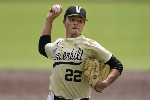 Vanderbilt pitcher Jack Leiter throws against East Carolina during the first inning of an NCAA college baseball super regional game Saturday, June 12, 2021, in Nashville, Tenn. (AP Photo/Mark Humphrey)