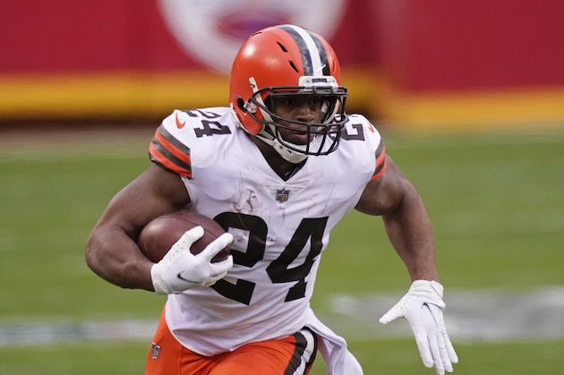 Cleveland Browns running back Nick Chubb carries the ball up field during the second half of an NFL divisional round football game against the Kansas City Chiefs, Sunday, Jan. 17, 2021, in Kansas City. (AP Photo/Charlie Riedel) Cleveland Browns running back Nick Chubb carries the ball up field during the second half of an NFL divisional round football game against the Kansas City Chiefs, Sunday, Jan. 17, 2021, in Kansas City. (AP Photo/Charlie Riedel)