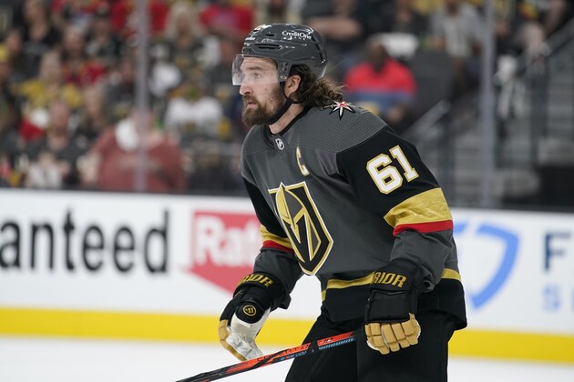 Vegas Golden Knights right wing Mark Stone (61) plays against the Montreal Canadiens during Game 2 of an NHL hockey Stanley Cup semifinal playoff series Wednesday, June 16, 2021, in Las Vegas. (AP Photo/John Locher)
