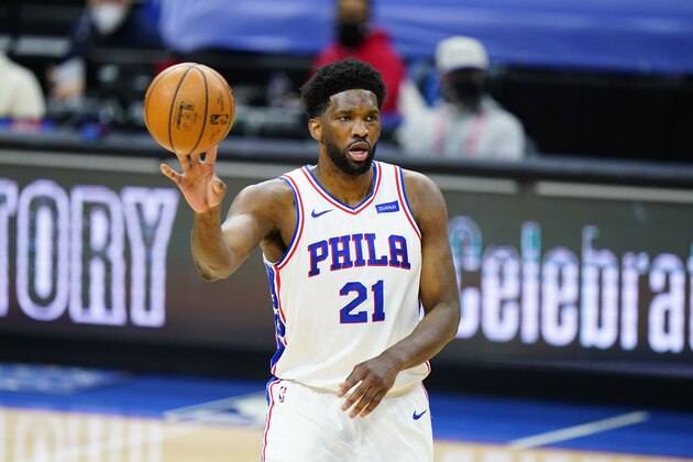 Philadelphia 76ers' Joel Embiid plays during an NBA basketball game against the Houston Rockets, Wednesday, Feb. 17, 2021, in Philadelphia. (AP Photo/Matt Slocum)