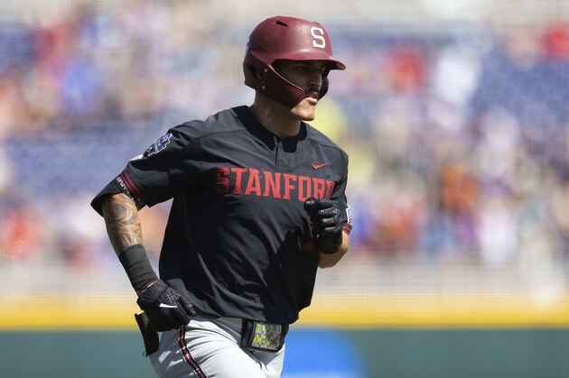 Stanford's Brock Jones rounds the bases after hitting a three-run home run against Arizona in the seventh inning of a baseball game in the College World Series, Monday, June 21, 2021, at TD Ameritrade Park in Omaha, Neb. (AP Photo/Rebecca S. Gratz)