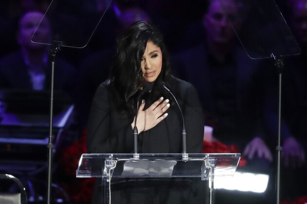 Vanessa Bryant speaks during a celebration of life for her husband Kobe Bryant and daughter Gianna Monday, Feb. 24, 2020, in Los Angeles. (AP Photo/Marcio Jose Sanchez)