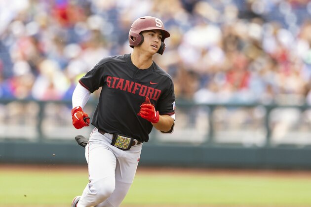 Stanford's Tommy Troy rounds the bases after hitting a two-run home run in the third inning against Arizona during a baseball game in the College World Series Monday, June 21, 2021, at TD Ameritrade Park in Omaha, Neb. (AP Photo/Rebecca S. Gratz)