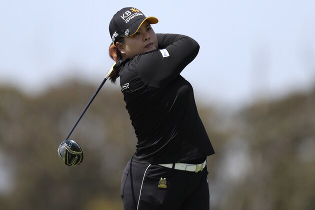 Inbee Park, of South Korea, plays her shot from the second tee during the third round of the U.S. Women's Open golf tournament at The Olympic Club, Saturday, June 5, 2021, in San Francisco. (AP Photo/Jed Jacobsohn)