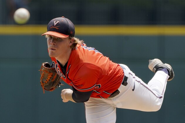 Virginia pitcher Andrew Abbott throws against Notre Dame during the first inning of an NCAA college baseball game at the Atlantic Coast Conference tournament on Friday, May 28, 2021, in Charlotte, N.C. (AP Photo/Chris Carlson)