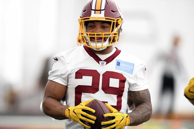 Washington Redskins running back Derrius Guice reacts during NFL football practice, Wednesday, June 13, 2018, in Ashburn, Va. (AP Photo/Nick Wass)