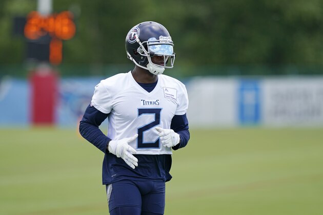 Tennessee Titans wide receiver Julio Jones runs a drill during an NFL football minicamp Wednesday, June 16, 2021, in Nashville, Tenn. (AP Photo/Mark Humphrey, Pool)