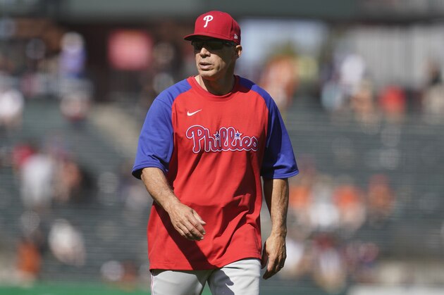 Philadelphia Phillies manager Joe Girardi against the San Francisco Giants during a baseball game in San Francisco, Saturday, June 19, 2021. (AP Photo/Jeff Chiu)