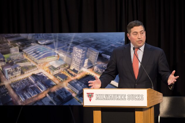 Milwaukee Bucks President Peter Feigin speaks at a press conference where a new arena proposal was announced Wednesday, April. 7, 2015, in Milwaukee.  (AP Photo/Jeffrey Phelps)
