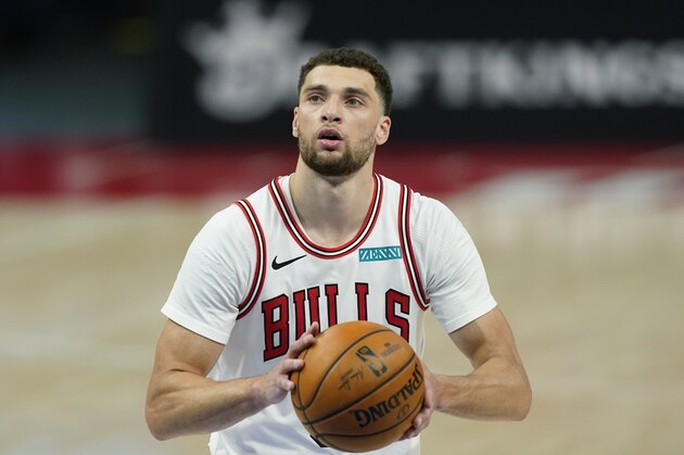 Chicago Bulls guard Zach LaVine plays during the first half of an NBA basketball game, Sunday, May 9, 2021, in Detroit. (AP Photo/Carlos Osorio)