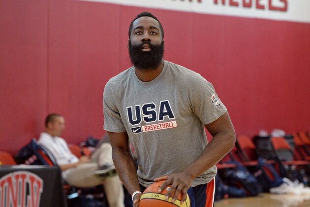 LAS VEGAS, NV - AUGUST 11:  James Harden and Anthony Davis of the USA National Team participate in a minicamp at UNLV on August 11, 2015 in Las Vegas, Nevada. NOTE TO USER: User expressly acknowledges and agrees that, by downloading and/or using this Photograph, user is consenting to the terms and conditions of the Getty Images License Agreement. Mandatory Copyright Notice: Copyright 2015 NBAE (Photo by Andrew D. Bernstein/NBAE via Getty Images)