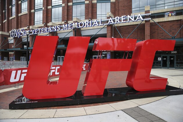 UFC logo outside the arena during a UFC 261 Fan Experience before a mixed martial arts event, Saturday, April 24, 2021, in Jacksonville, Fla. (AP Photo/Gary McCullough)