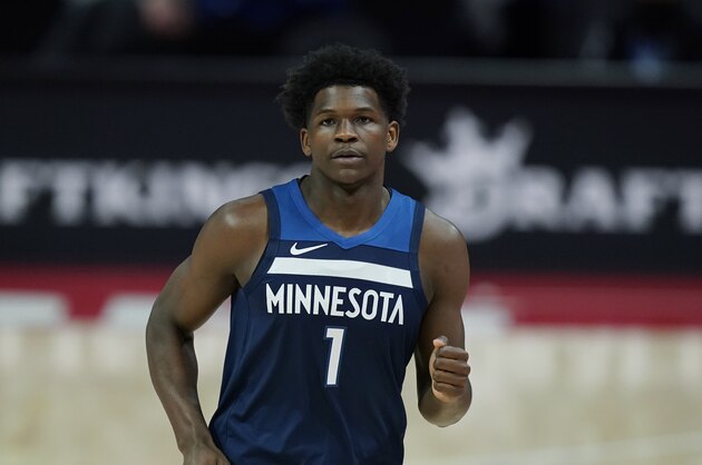 Minnesota Timberwolves forward Anthony Edwards plays during the first half of an NBA basketball game, Tuesday, May 11, 2021, in Detroit. (AP Photo/Carlos Osorio)