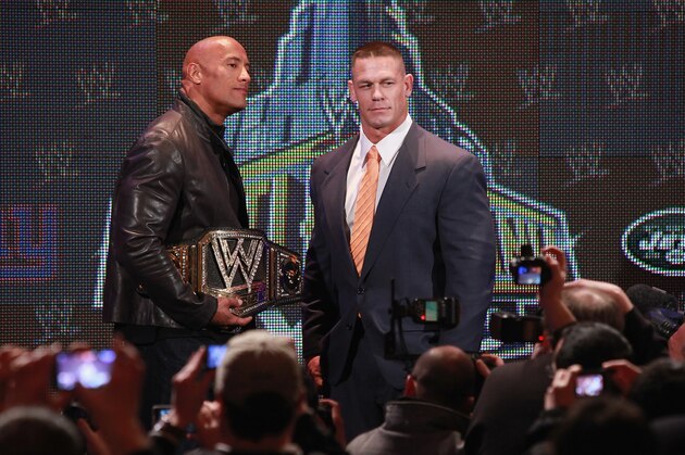 NEW YORK, NY - APRIL 04:  The Rock and John Cena attend the WrestleMania 29 Press Conference at Radio City Music Hall on April 4, 2013 in New York City.  (Photo by Taylor Hill/Getty Images)