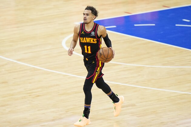 Atlanta Hawks' Trae Young plays during Game 7 in a second-round NBA basketball playoff series against the Philadelphia 76ers, Sunday, June 20, 2021, in Philadelphia. (AP Photo/Matt Slocum)