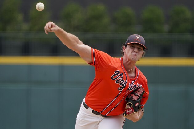 Virginia pitcher Mike Vasil throws against Duke in the first inning of an NCAA college baseball game at the Atlantic Coast Conference tournament on Saturday, May 29, 2021, in Charlotte, N.C. (AP Photo/Chris Carlson)