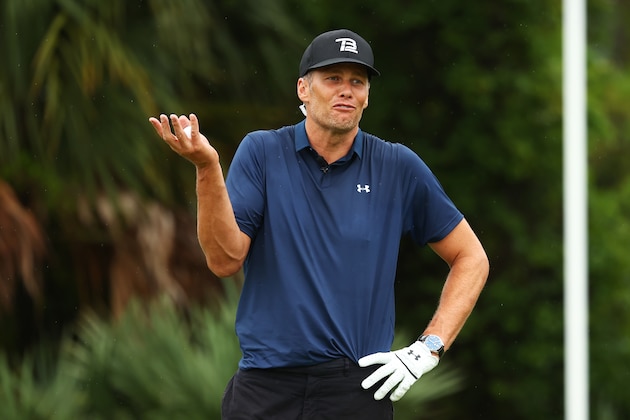 HOBE SOUND, FLORIDA - MAY 24: NFL player Tom Brady of the Tampa Bay Buccaneers reacts on the seventh green during The Match: Champions For Charity at Medalist Golf Club on May 24, 2020 in Hobe Sound, Florida. (Photo by Mike Ehrmann/Getty Images for The Match)