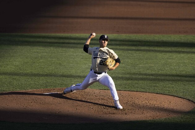 Vanderbilt starting pitcher Jack Leiter throws against North Carolina State in the fifth inning during a baseball game in the College World Series Monday, June 21, 2021, at TD Ameritrade Park in Omaha, Neb. (AP Photo/Rebecca S. Gratz)