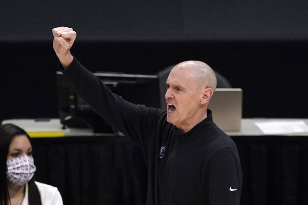 Dallas Mavericks head coach Rick Carlisle gestures during the first half in Game 5 of an NBA basketball first-round playoff series against the Los Angeles Clippers Wednesday, June 2, 2021, in Los Angeles. (AP Photo/Mark J. Terrill)
