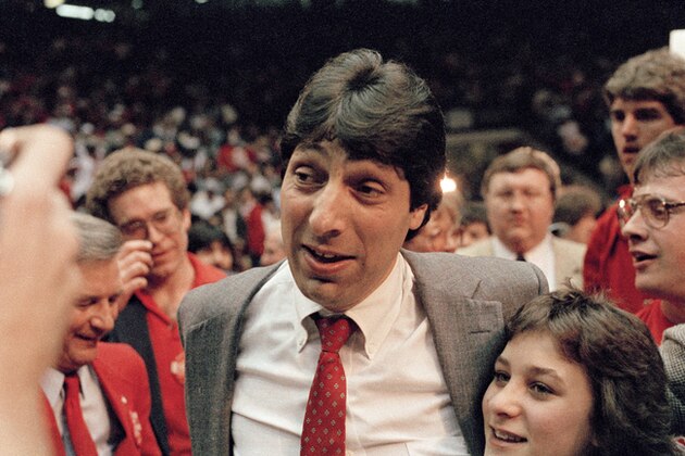 North Carolina State coach Jim Valvano, shown after his basketball team defeated Houston to win NCAA championship at Albuquerque, N.M., April 4, 1983. (AP Photo)