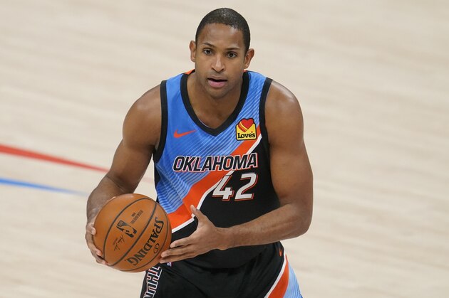Oklahoma City Thunder center Al Horford (42) during an NBA basketball game against the Portland Trail Blazers, Tuesday, Feb. 16, 2021, in Oklahoma City. (AP Photo/Sue Ogrocki)