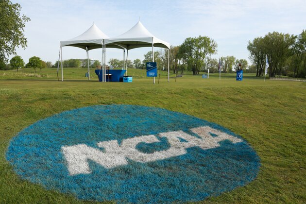 DEARBORN, MI - MAY 15: General view of a NCAA logo painted on the grass during the 2021 NCAA Division II Women's  Golf Championship held at TPC Michigan on May 15, 2021 in Dearborn, Michigan. (Photo by Justin Tafoya/NCAA Photos via Getty Images)