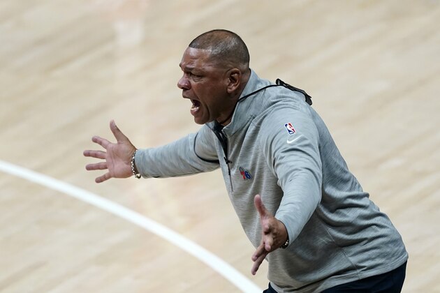 Philadelphia 76ers head coach Doc Rivers yells at an official during their NBA playoff basketball game against the Atlanta Hawks Saturday, June 12, 2021, in Atlanta. (AP Photo/John Bazemore)
