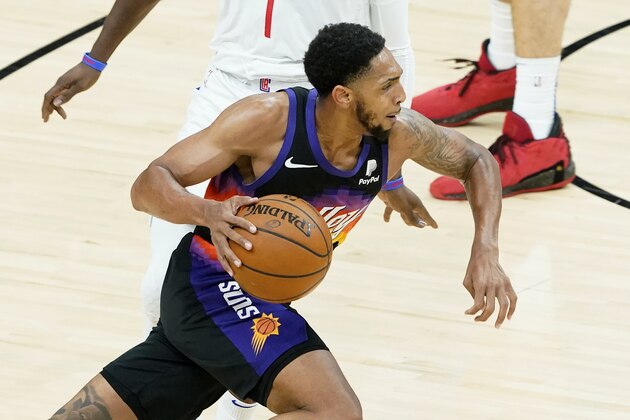 Phoenix Suns guard Cameron Payne drives against the Los Angeles Clippers during the first half of Game 2 of the NBA basketball Western Conference Finals, Tuesday, June 22, 2021, in Phoenix. (AP Photo/Matt York)