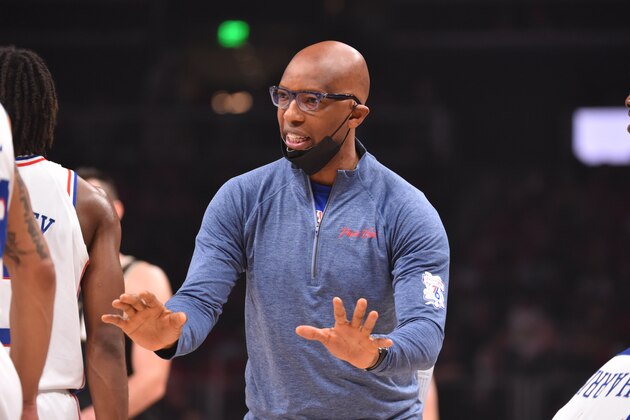 ATLANTA, GA - JUNE 18: Assistant Coach Sam Cassell of the Philadelphia 76ers reacts during Round 2, Game 6 of the Eastern Conference Playoffs on June 18, 2021 at State Farm Arena in Atlanta, Georgia. NOTE TO USER: User expressly acknowledges and agrees that, by downloading and/or using this Photograph, user is consenting to the terms and conditions of the Getty Images License Agreement. Mandatory Copyright Notice: Copyright 2021 NBAE (Photo by Jesse D. Garrabrant/NBAE via Getty Images)
