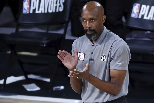 Brooklyn Nets head coach Jacque Vaughn reacts to a play during the second half in Game 3 of an NBA basketball first-round playoff series against the Toronto Raptors, Friday, Aug. 21, 2020, in Lake Buena Vista, Fla. (Kim Klement/Pool Photo via AP)