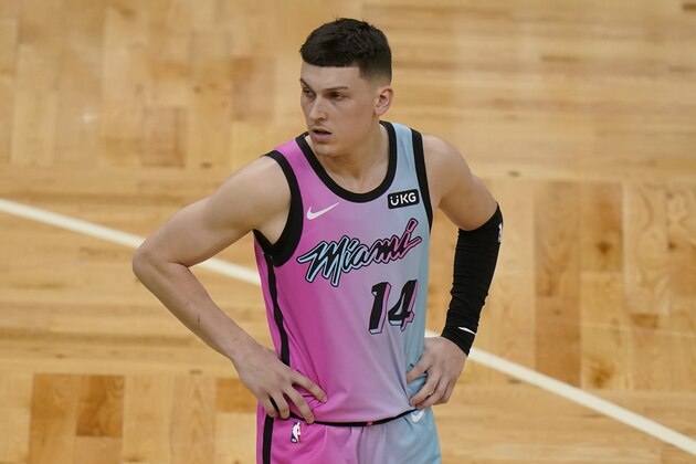 Miami Heat's Tyler Herro in the second half of a basketball game against the Boston Celtics, Sunday, May 9, 2021, in Boston. (AP Photo/Steven Senne)