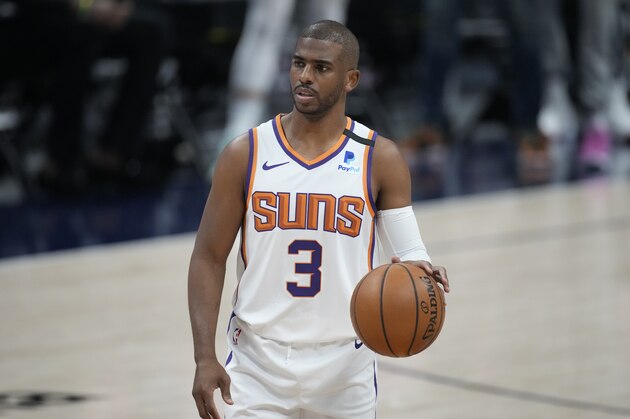 Phoenix Suns guard Chris Paul (3) in the first half of Game 4 of an NBA second-round playoff series Sunday, June 13, 2021, in Denver. (AP Photo/David Zalubowski)