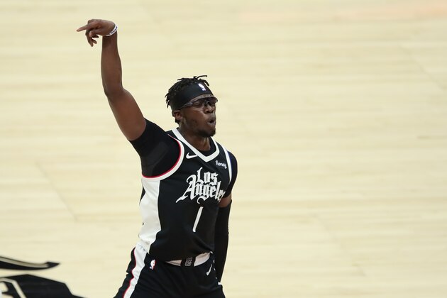 LOS ANGELES, CA - JUNE 24: LA Clippers guard Reggie Jackson (1) celebrates during the Phoenix Suns game versus the Los Angeles Clippers game 3 NBA Western Conference Finals game on June 24, 2021, at Staples Center in Los Angeles, CA. (Photo by Jevone Moore/Icon Sportswire via Getty Images)