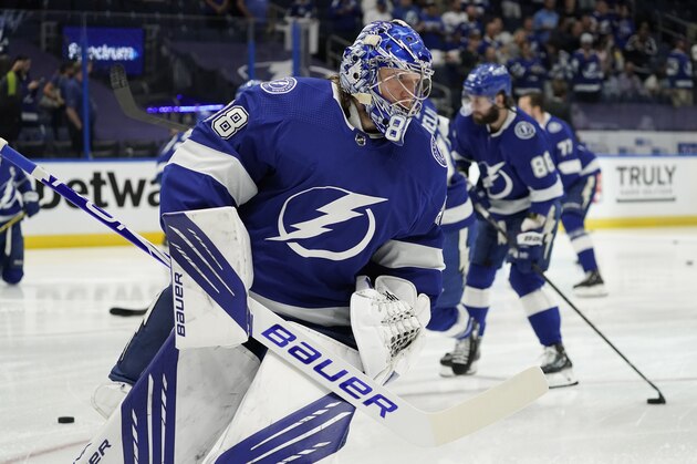 Tampa Bay Lightning goaltender Andrei Vasilevskiy (88) before Game 7 of an NHL hockey Stanley Cup semifinal playoff series against the New York Islanders Friday, June 25, 2021, in Tampa, Fla. (AP Photo/Chris O'Meara)