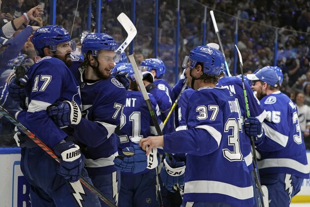 Tampa Bay Lightning players celebrate after defeating the New York Islanders in Game 7 of an NHL hockey Stanley Cup semifinal playoff series Friday, June 25, 2021, in Tampa, Fla. (AP Photo/Chris O'Meara)