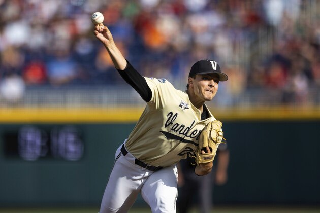 Vanderbilt starting pitcher Jack Leiter throws against North Carolina State in the first inning during a baseball game in the College World Series Monday, June 21, 2021, at TD Ameritrade Park in Omaha, Neb. (AP Photo/Rebecca S. Gratz)