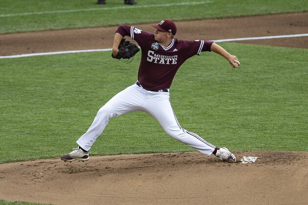 Mississippi State pitcher Christian MacLeod (28) throws a pitch against Virginia during a baseball game in the College World Series Tuesday, June 22, 2021, at TD Ameritrade Park in Omaha, Neb. (AP Photo/John Peterson)