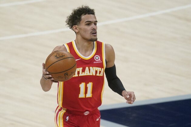 Atlanta Hawks' Trae Young dribbles during the first half of an NBA basketball game against the Indiana Pacers, Thursday, May 6, 2021, in Indianapolis. (AP Photo/Darron Cummings) Atlanta Hawks' Trae Young dribbles during the first half of an NBA basketball game against the Indiana Pacers, Thursday, May 6, 2021, in Indianapolis. (AP Photo/Darron Cummings)