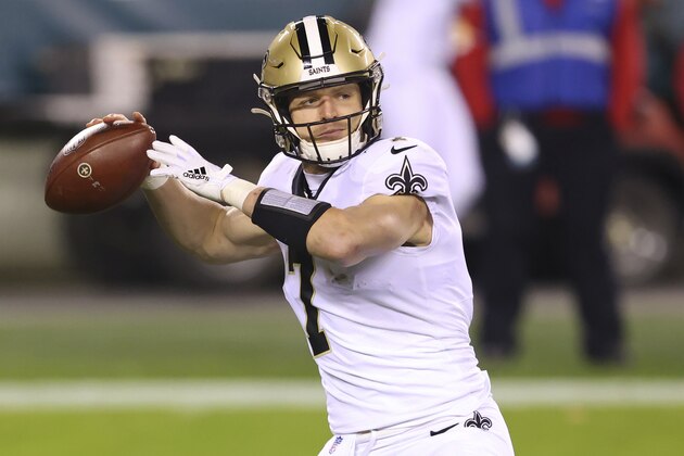 New Orleans Saints' Taysom Hill (7) in action against the Philadelphia Eagles during the third quarter of an NFL football game, Sunday, Dec. 13, 2020, in Philadelphia. The Eagles defeated the Saints 24-21. (AP Photo/Rich Schultz)